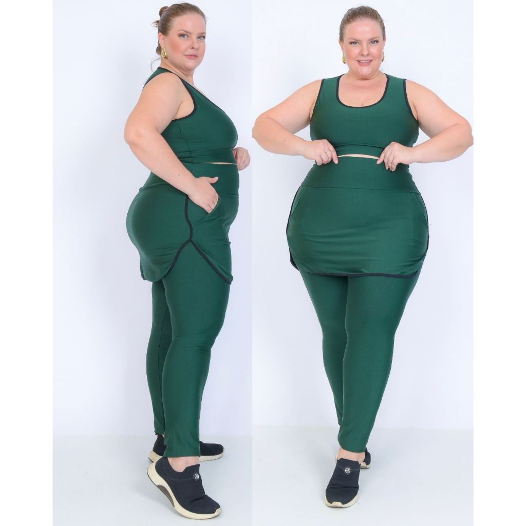 Conjunto Plus Size Para Academia Calça Saia Tapa Bumbum Com Bolso E Top Cropedd Moda Fitness
