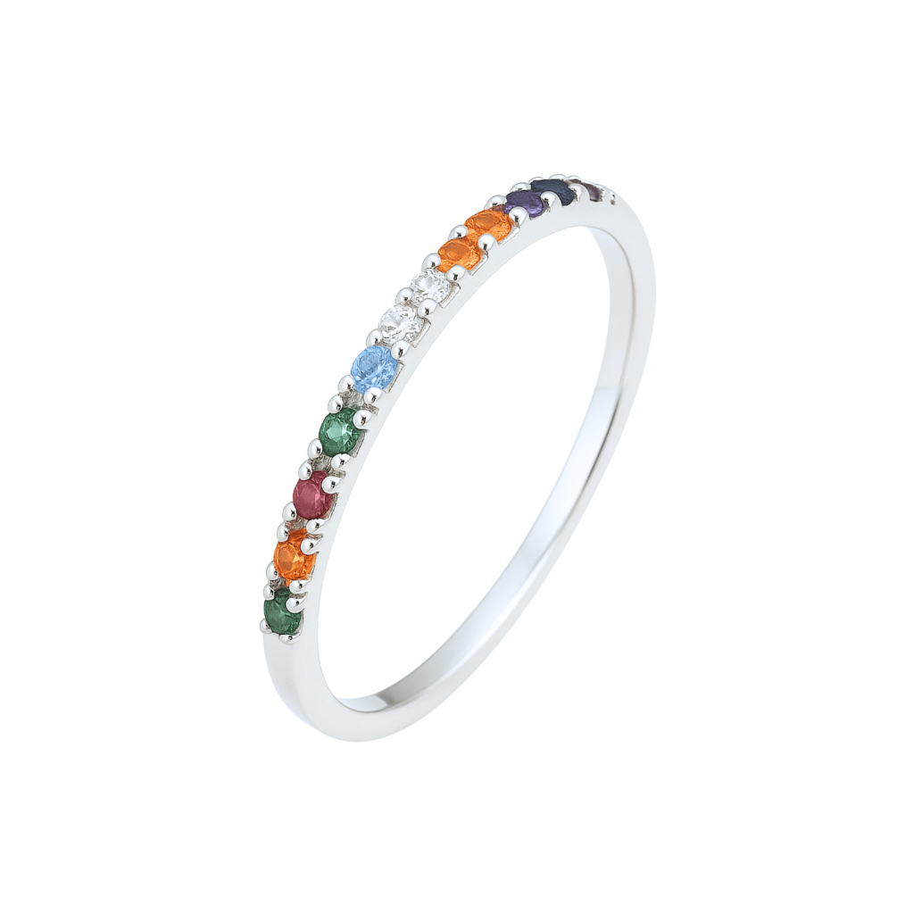Anel Solitario Meia Aliança Zirconia Colorida Prata 925 Feminino Aliança Delicado