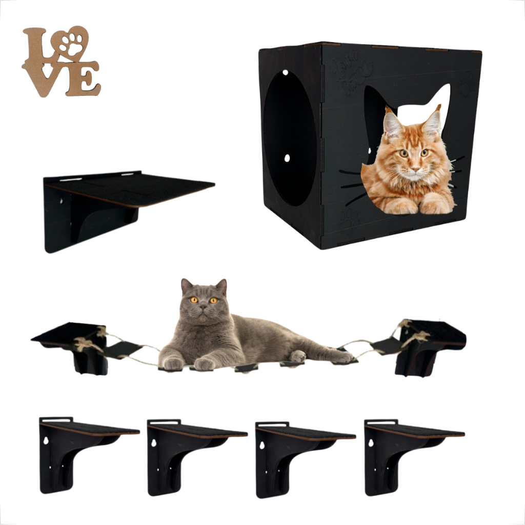 Playground gatos acessório pet  7 peças Mdf Preto Black  Nicho Gato petshop Prateleiras Degraus