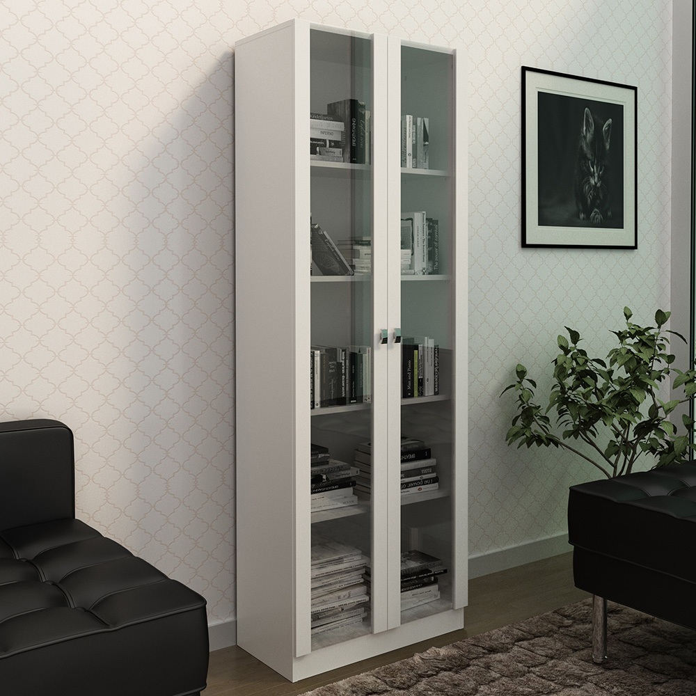 Estante Escritório Home Office 2 Portas De Vidro 4 Prateleiras Cannes 171x59 T01 Branco - Lyam Decor em Oferta na Shopee