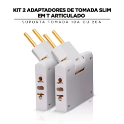 Kit 2 Adaptador Tomada T Benjamim Slim Articulado Dobrável 10A 20A 3 Entradas Bivolt Plugue Novo Padrão Flex 3 em 1