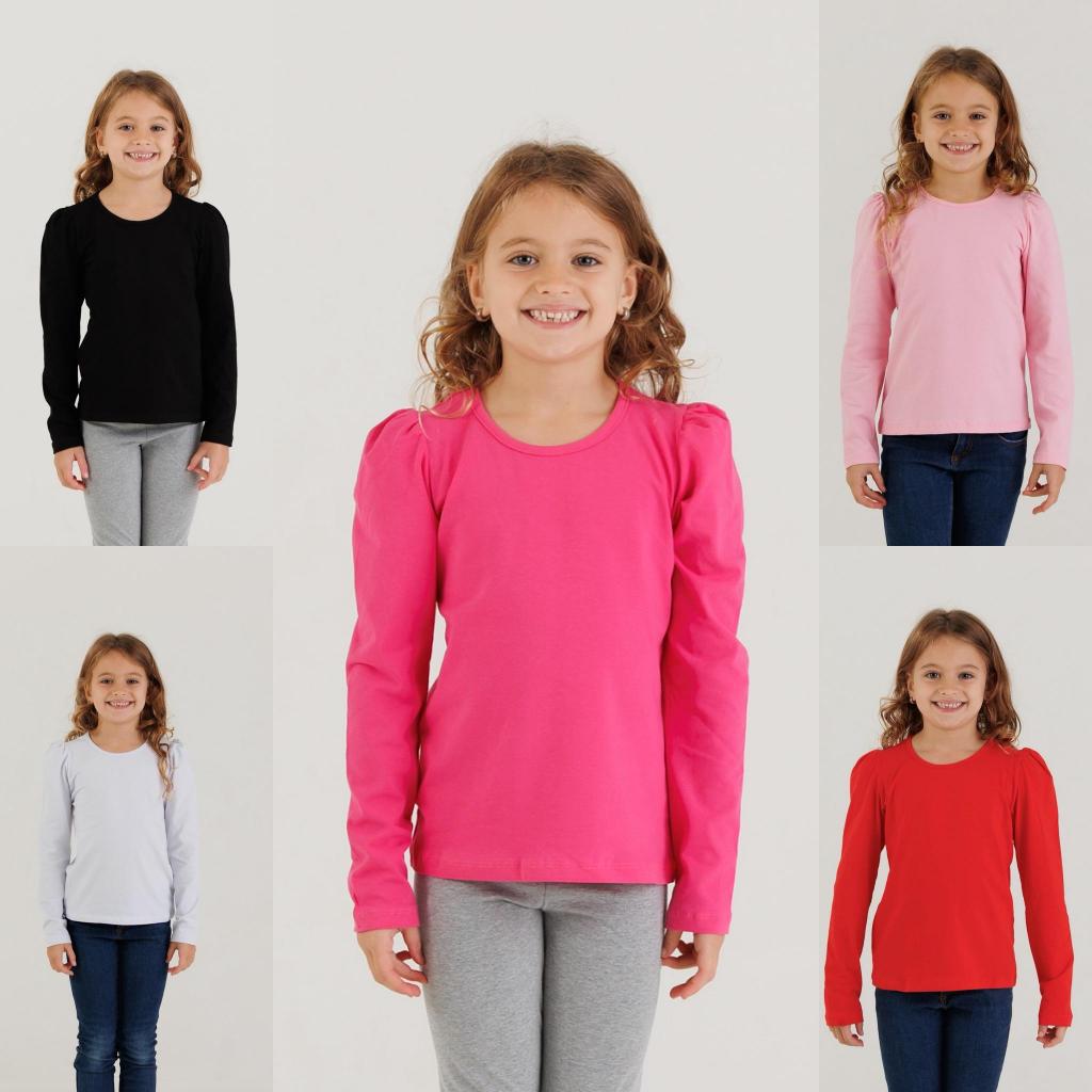 Kit 5 Blusas Infantil Menina Manga Longa de Cotton Penteado Modinha Básica 1/2/3/4/6/8/10