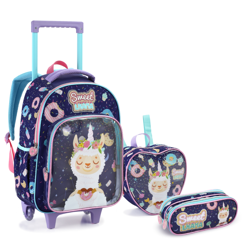 Mochila Infantil Menina Rodinha Escolar Sweet Lhama Feminina Kit com Lancheira Térmica e Estojo Duplo