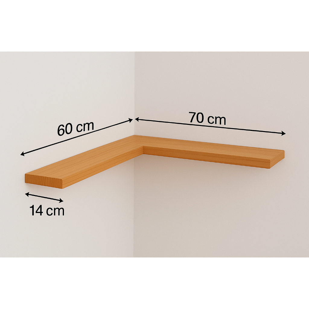 prateleira de canto em madeira de pinus com 70x60x14,5 cm