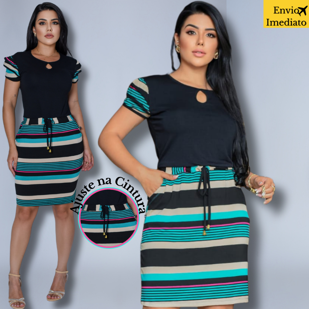 Vestido Feminino Casual Basico Manga Escamada Ombreira Ajuste na Cintura
