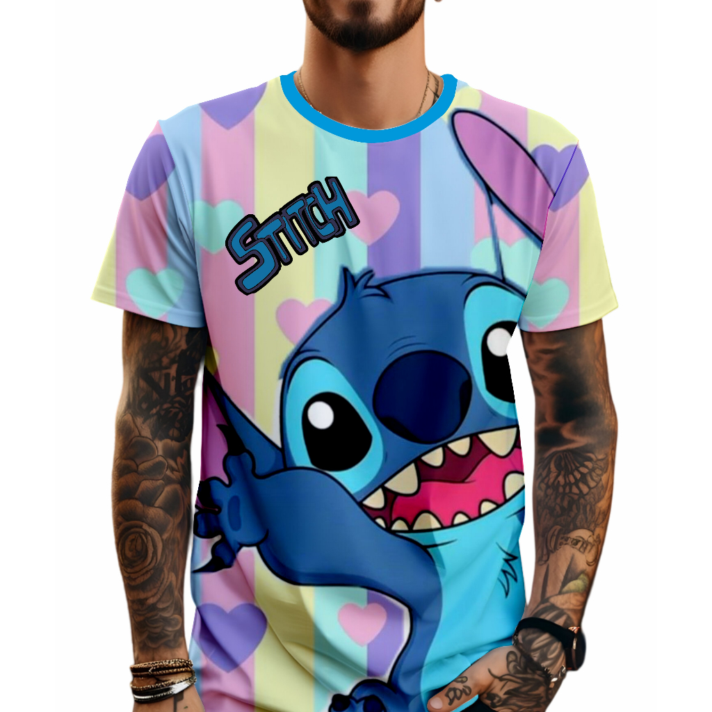 Camiseta Stitch Colorida Poliéster Gola redonda Manga curta em Oferta na Shopee