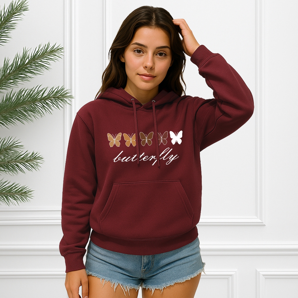 Moletom Feminino Buterfly Borboleta Estampa Modelo Canguru Com Capuz Bolso Flanelado Algodão Blusão