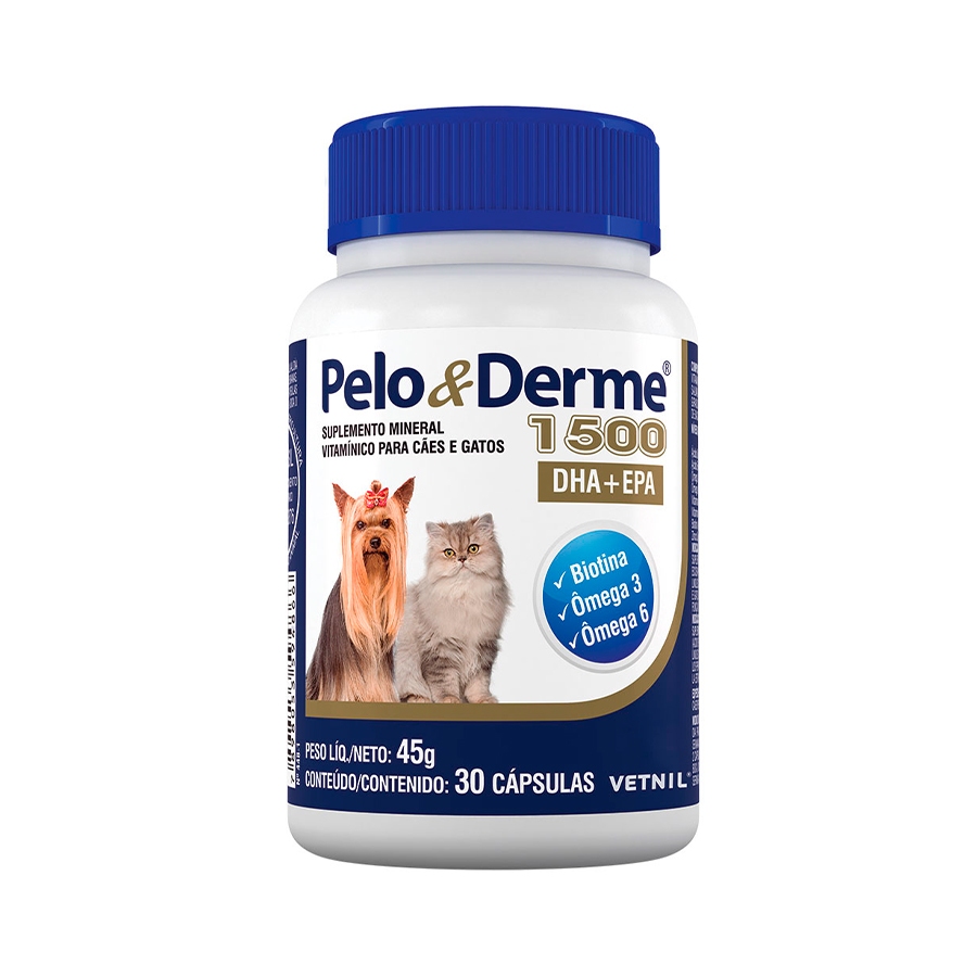 Pelo E Derme 750 - 30 Capsulas Vetnil Omega 3 E 6 dermatite crescimento dos pelos cachorro e gatos