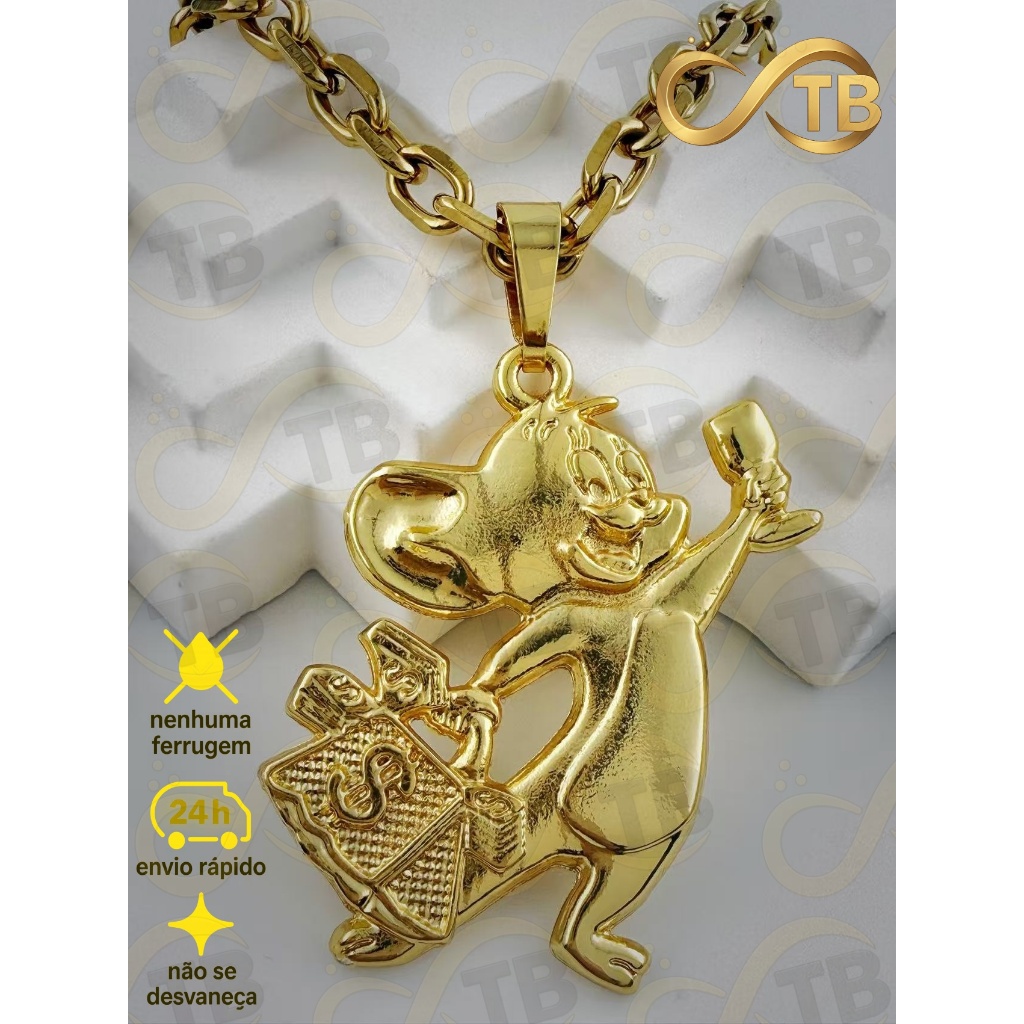 TB Colar corrente Folheado ouro 18k Pingente Rato da Fortuna - Ouro Brilhante, Sucesso e Alegria