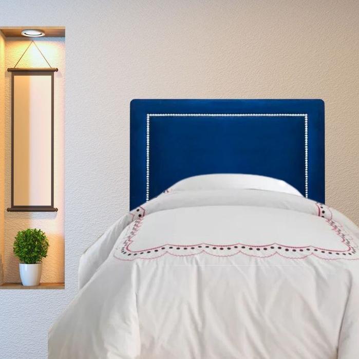 Cabeceira Solteiro Cama Box Veludo Azul Marinho Reta com Tachas Prateadas