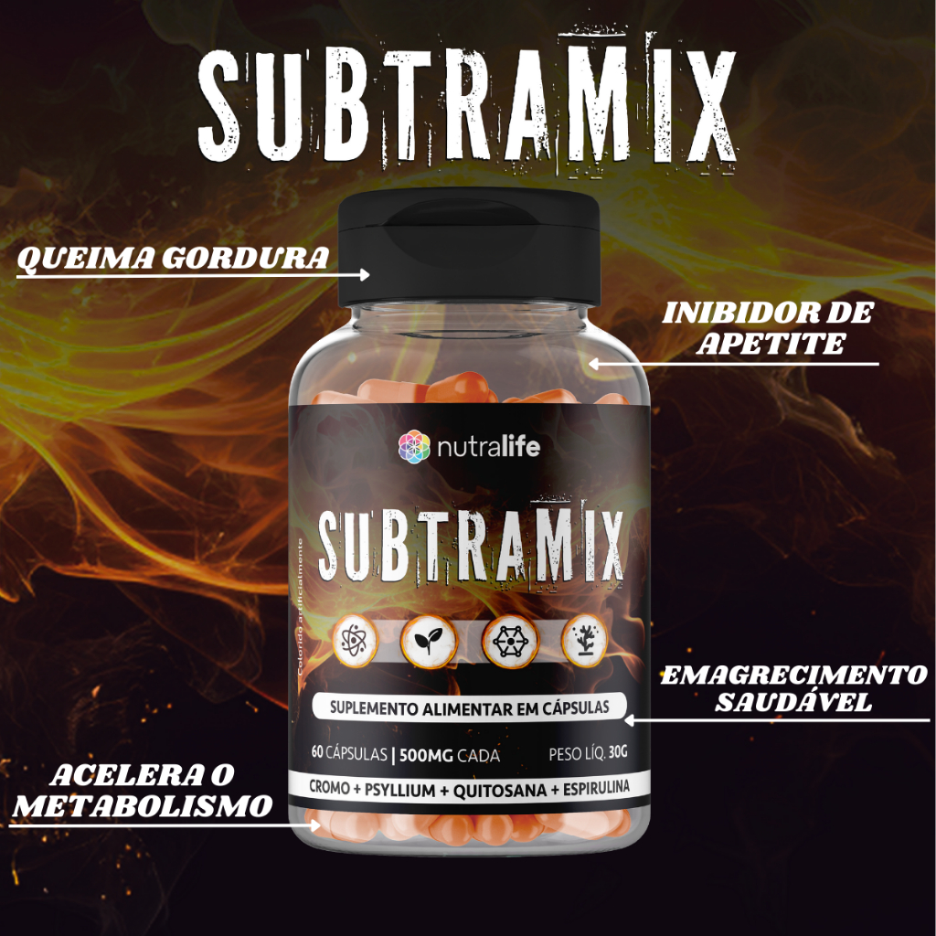 Subtramix Psyllium Espirulina Quitosana Cromo 60 Cápsulas 500mg 100% Natural Nutralife