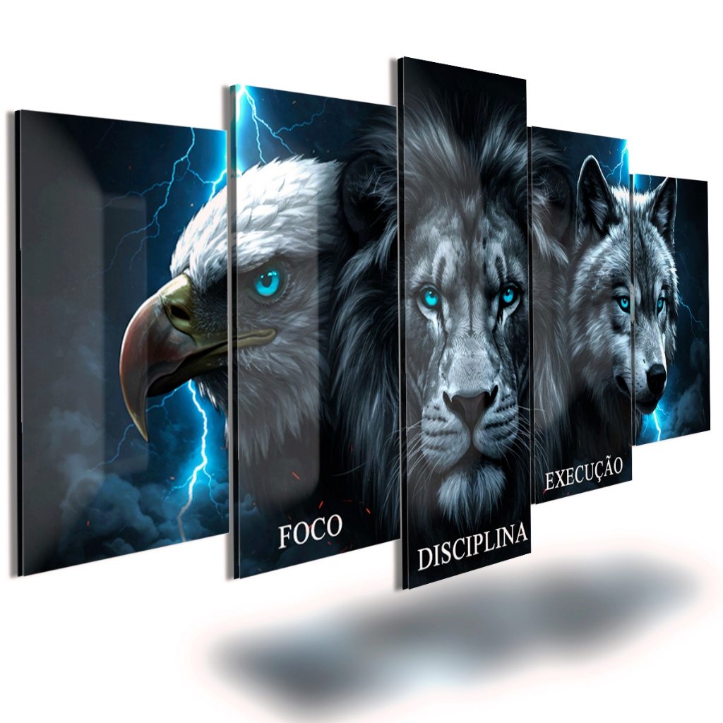 Quadro Decorativo 5 Peças Leão Águia Lobo Disciplina Motivacionais Sala Quarto Escritorio promoção em Oferta na Shopee