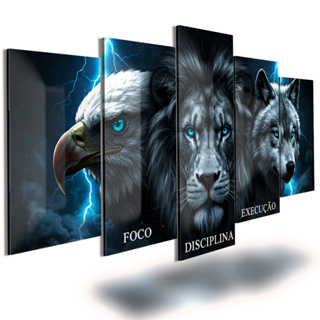 Quadro Decorativo 5 Peças Leão Águia Lobo Disciplina Motivacionais Sala Quarto Escritorio promoção em Oferta na Shopee
