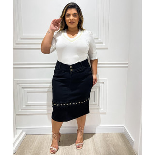 Saia Midi Preta Plus Size Cecília em Sarja com Elastano – Cintura Alta, Guipir e Strass – 48 ao 54