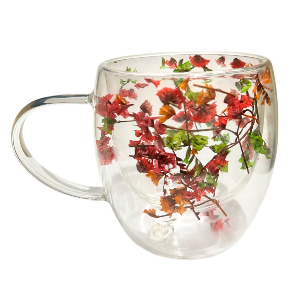 Xícara Parede Dupla de Vidro com Flores 250 ML Caneca Café Expresso Cappuccino Chá