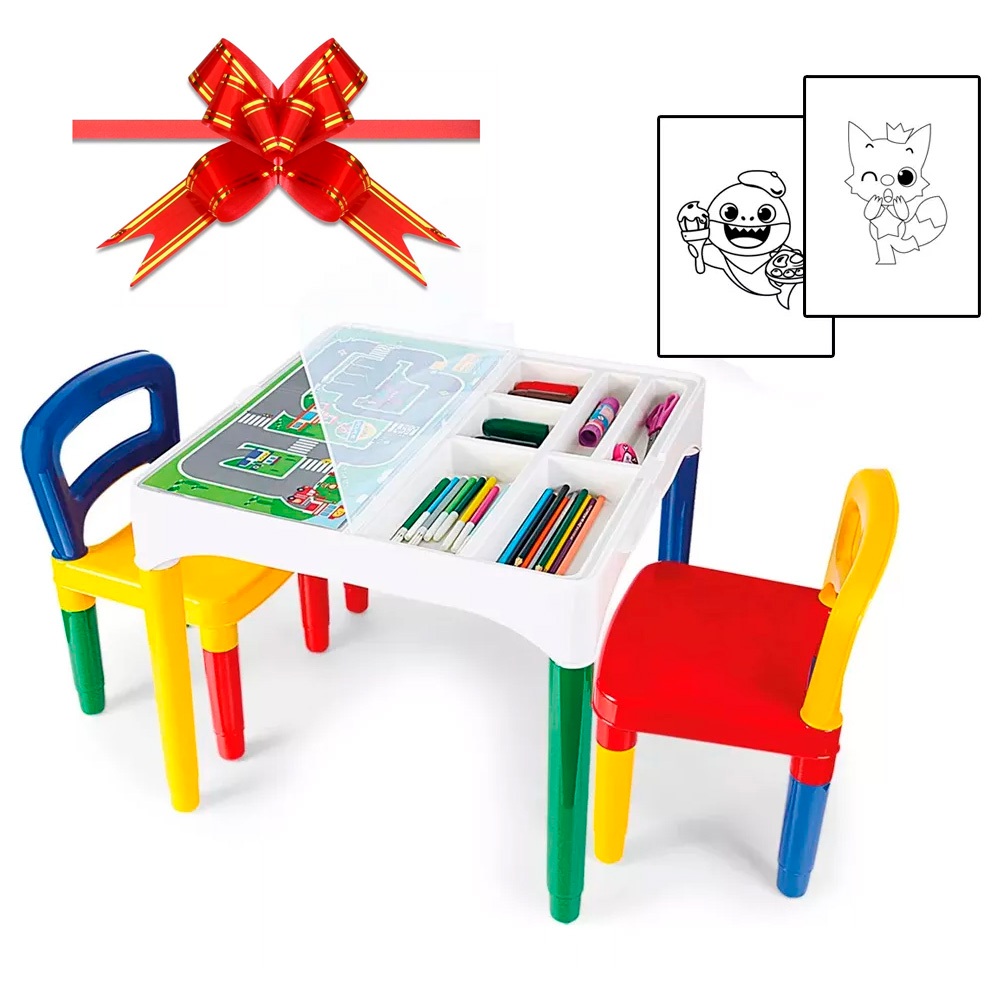 Mesa Mesinha Infantil Didática Poliplac 2 Cadeiras Adesivos + Brinde em Oferta na Shopee
