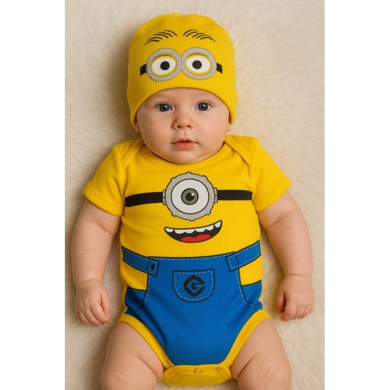Body Bebê Temático Com Touca | Fantasia Mesversário Infantil Menino | Minions, Stitch, Nemo, Panda, Batman|Envio Rápido