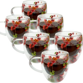 KIT 6 Xícaras Parede Dupla de Vidro com Flores 250 ML Caneca Café Expresso Cappuccino Chá