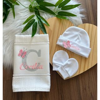 Kit Paninho + Touca e Luva  Personalizado com Nome de Bebê em Oferta na Shopee