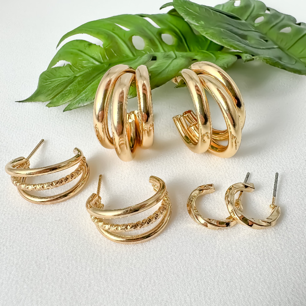 KIT 3 Pares de Brinco Banhado a Ouro 18k e Prata 925 Argola Delicado Simples em Oferta na Shopee