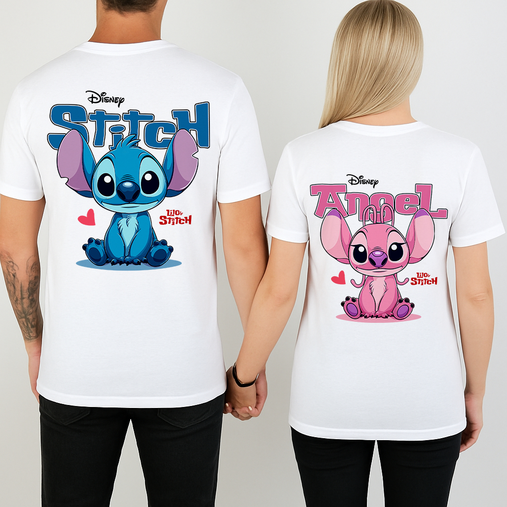 Kit Camiseta Branca Casal namorados Stitch e Angel, presente criativo, dia dos namorados, Poliéster do P ao Plus Size