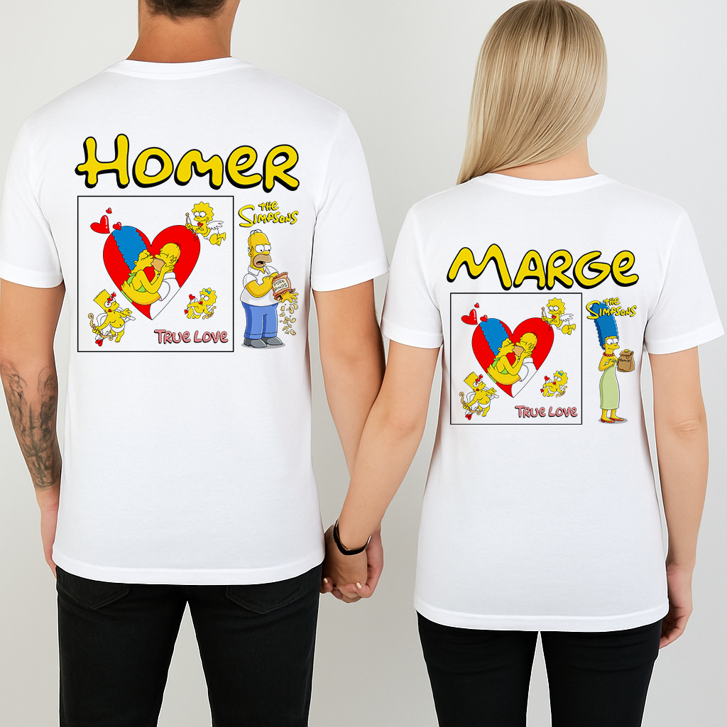 Kit Camiseta Branca Casal namorados Homer e Marge Simpson, presente criativo, dia dos namorados, do P ao Plus Size