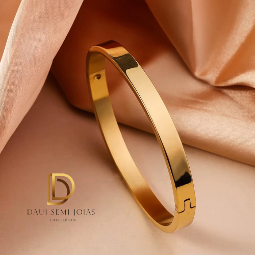 Bracelete Dourado Unissex em Aço Inox Pulseira Masculina Feminina Maciça Lisa 6mm Dourada em Aço 316L