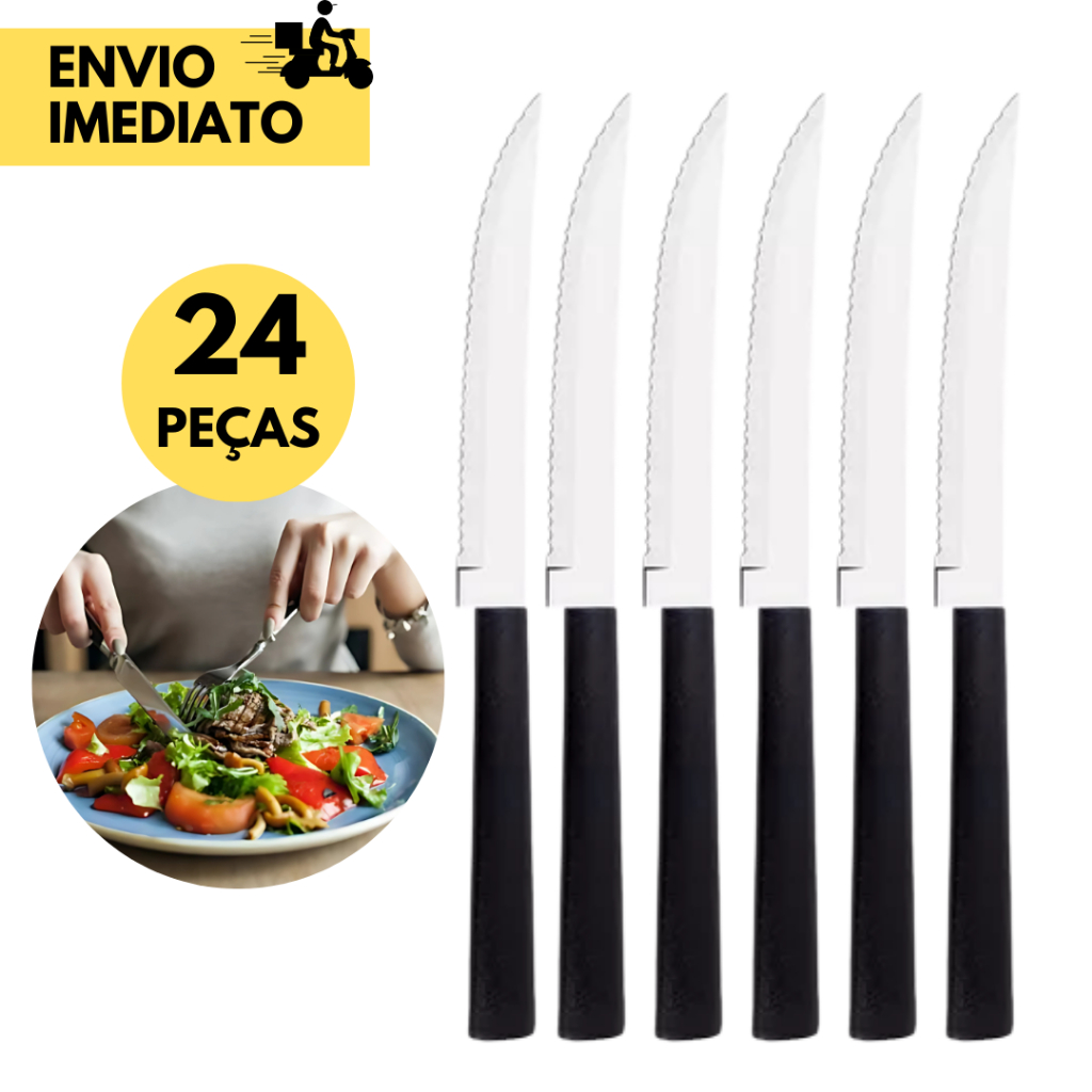 Kit 24 Facas de Churrasco com Cabo Preto de Serrinha Inox Faca de Mesa Churrasco, Almoço Restaurante em Oferta na Shopee