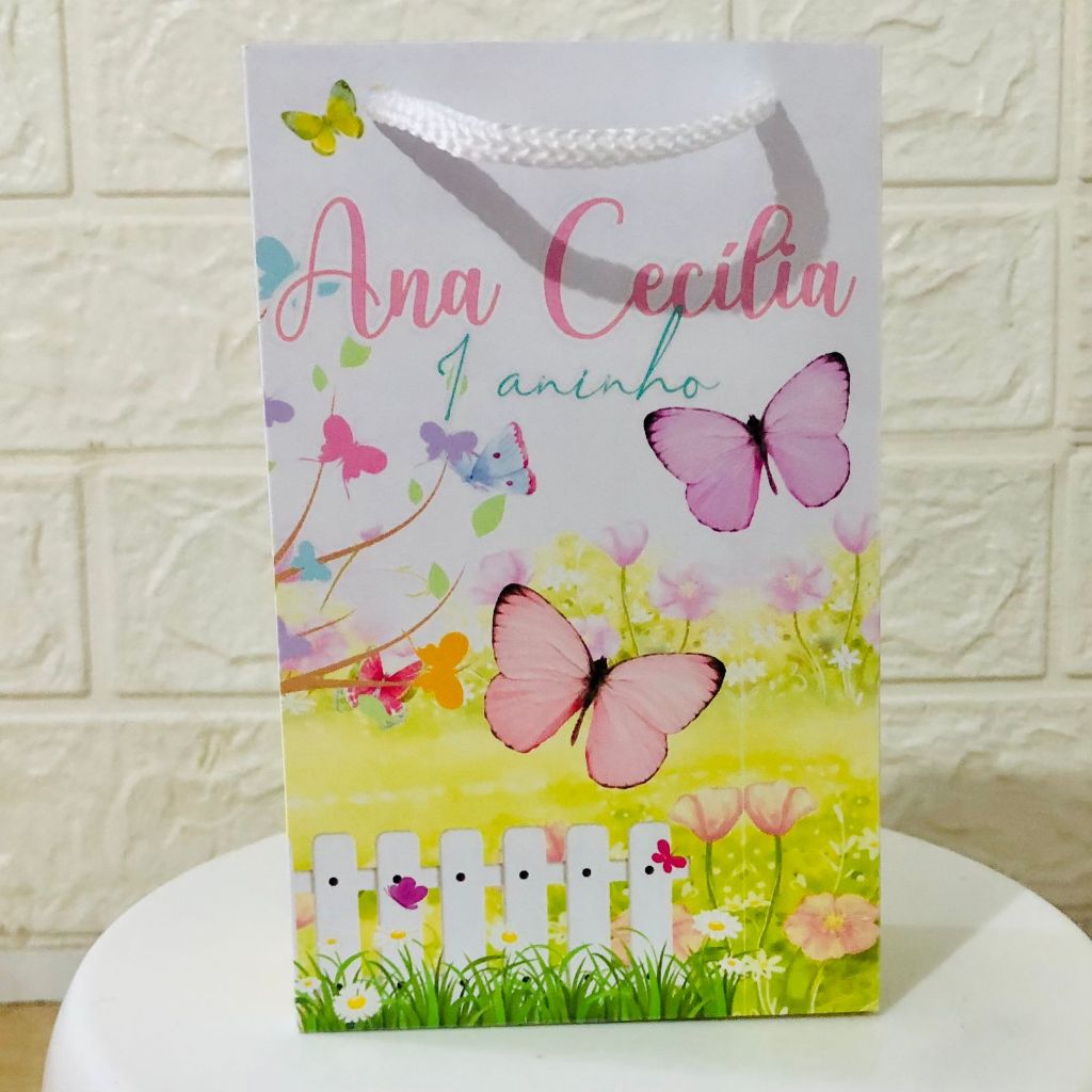 Sacolinha Surpresa Personalizada Jardim das Borboletas Rosa Pegue e Monte I Festa Infantil