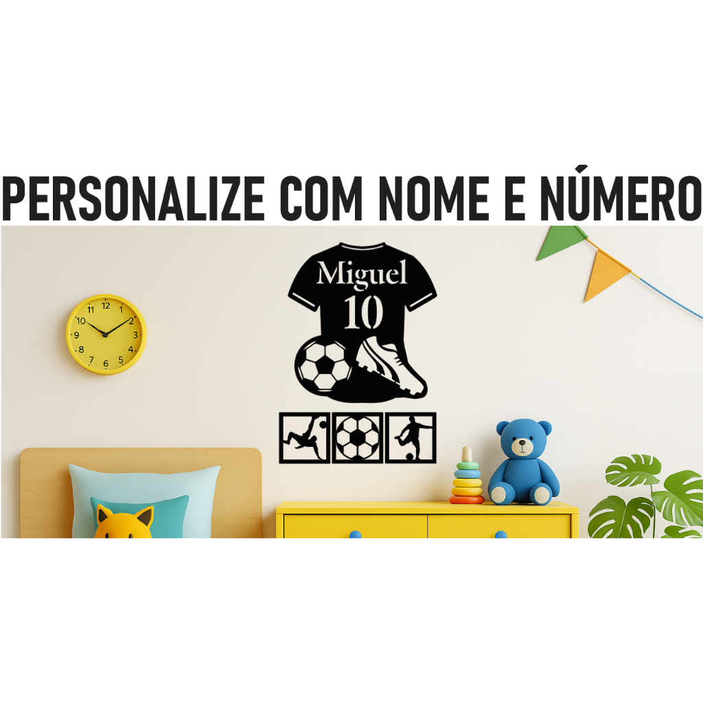 Quadro Camiseta de Futebol Personalizado com Nome e Numero em MDF 3mm Decorativo Dia das Crianças Menino