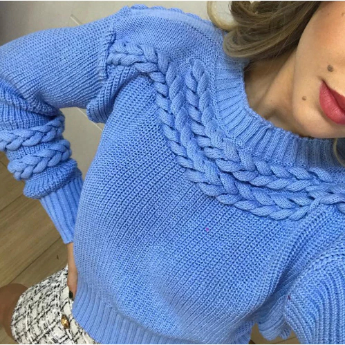 Blusa Cropped Manga Bufante Tricô Tricot Blusa de Frio Inverno Manga Longa com Trança Femi...