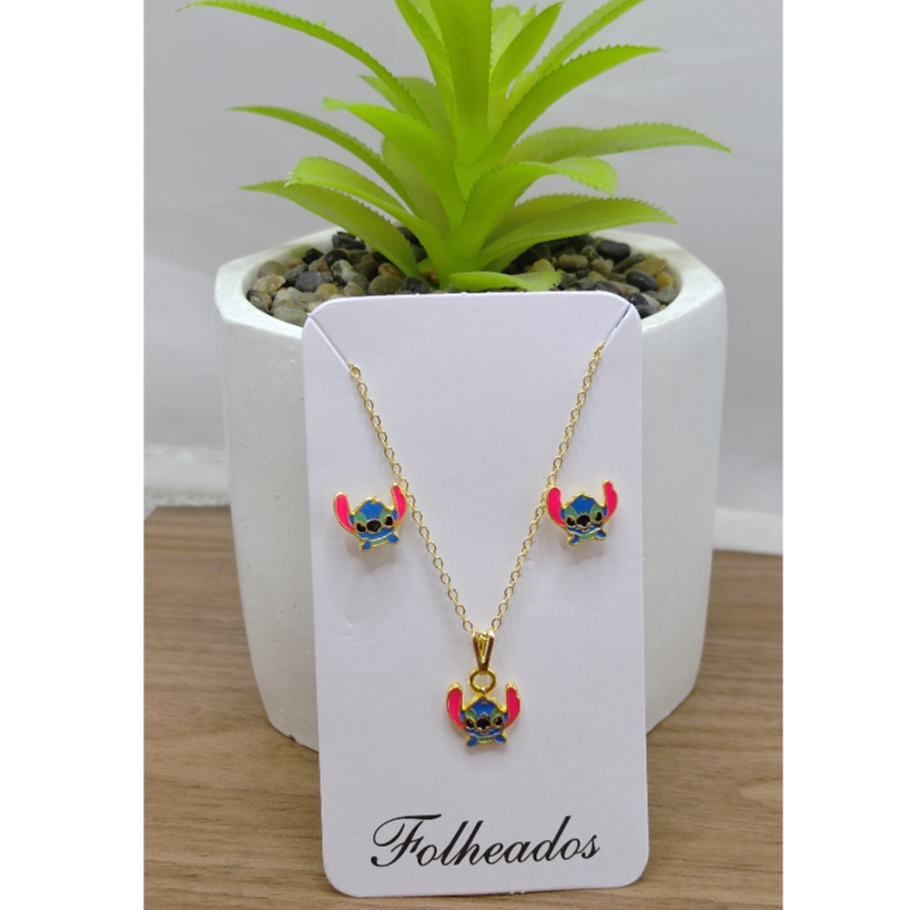 Lindo Conjunto Infantil Brinco E Colar do Stitch Banhada  A Ouro 18k