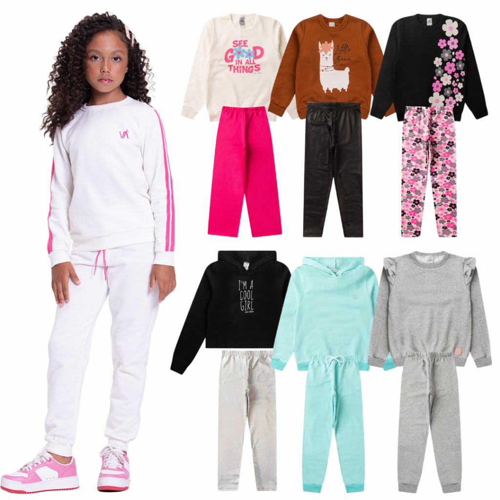 Kit Sortido 6 Peças de Roupas Infantis Menina Inverno- 3 Casacos + 3 Calças