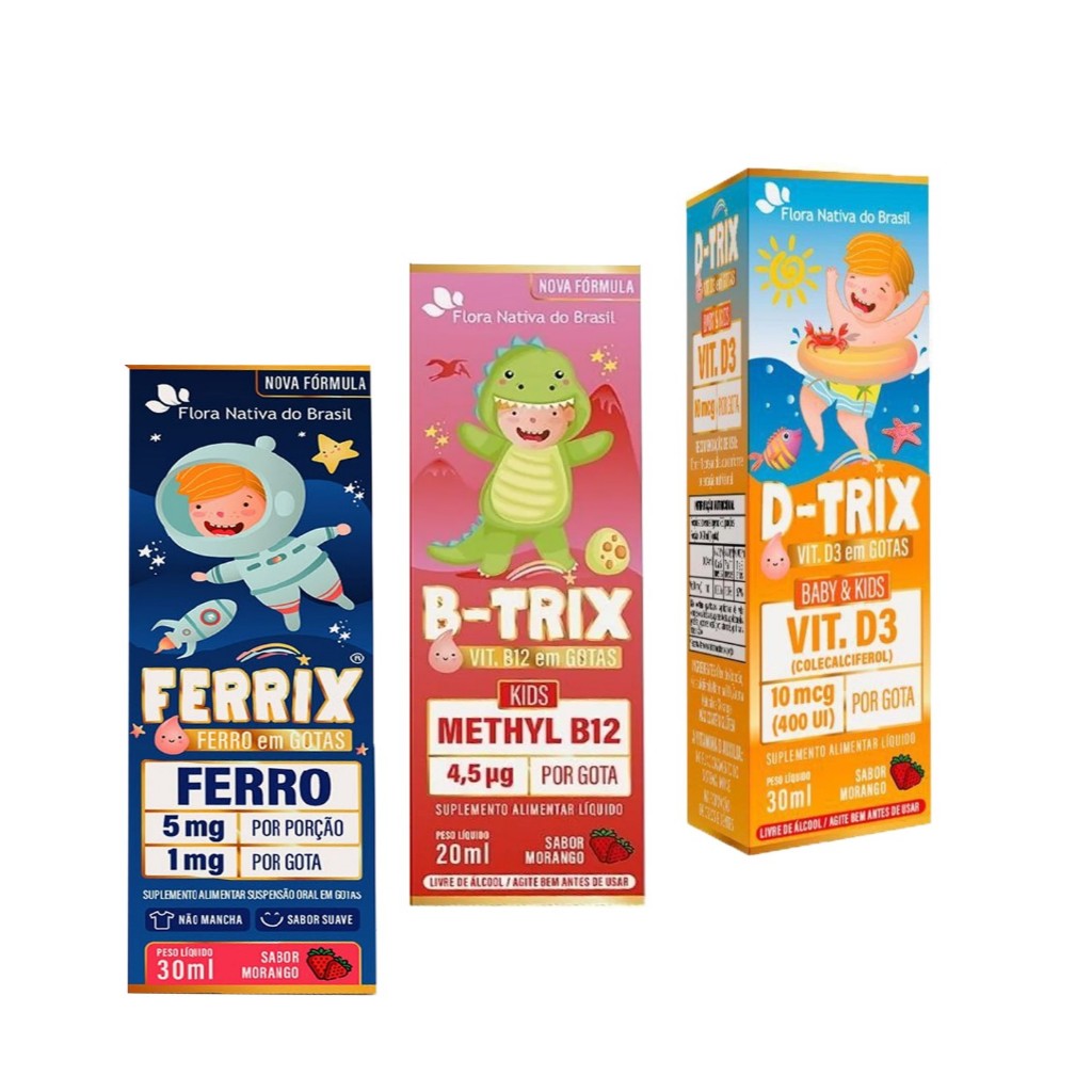 Kit Ferrix (Ferro Infantil) + B-trix(B12 infantil) +D-trix (D3 Infantil) Kids Flora nativa do Brasil