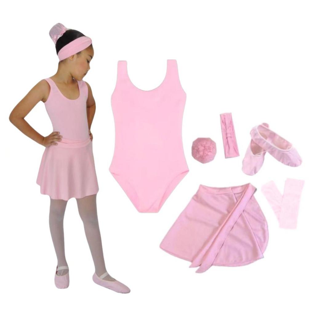 Kit Ballet Infantil 6 itens/ uniforme para dança completo (ROSA) - Saia transpassada e Collant Regata
