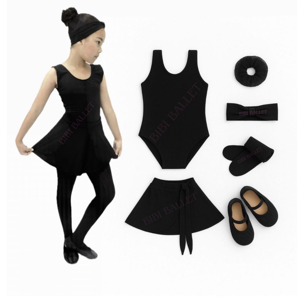 Kit Ballet Infantil 6 itens/ uniforme para dança completo (PRETO) - Saia transpassada e Collant Regata