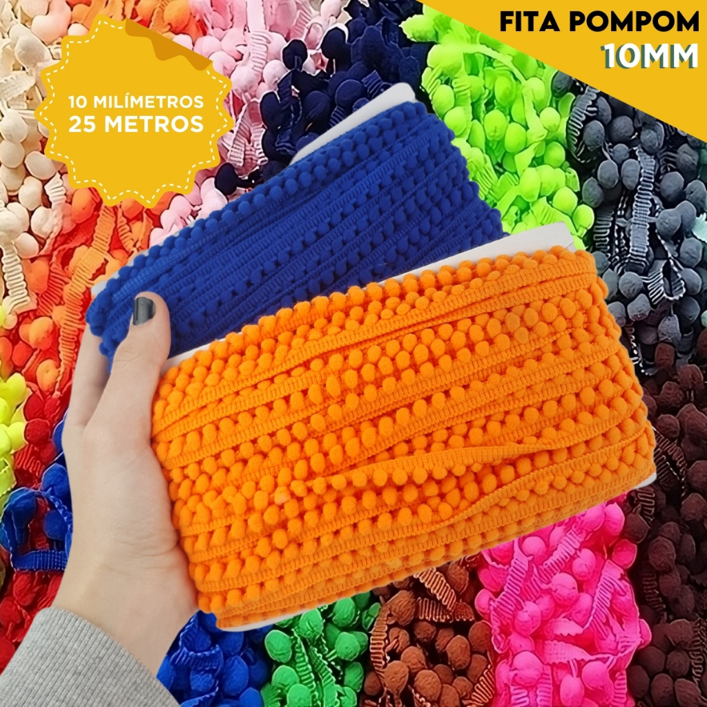 Fita Pompom 10mm Passamanaria C/25 Metros | Para Artesanato, Costura, Decoração e Fantasias | Mazzal em Oferta na Shopee