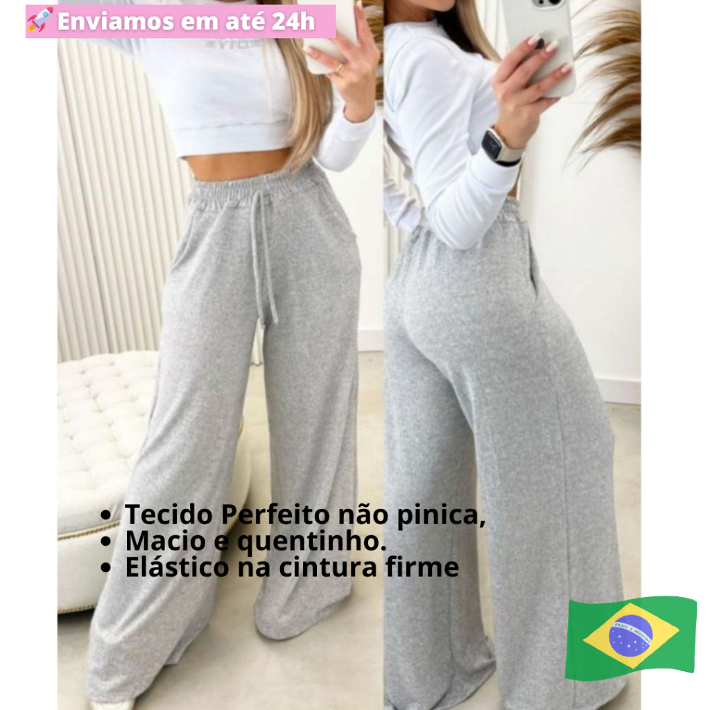 Calça Pantalona Lanzinha Cós Largo Lisa Barra Flare  Com Bolso Cintura Alta Tendência Reta Moletinho Wide