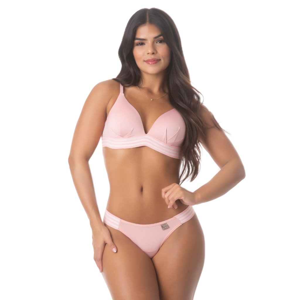 Conjunto Calcinha Soutien com Bojo Top Flex Super Macio e Confortável, Luxo Soutien Elástico Listrado.