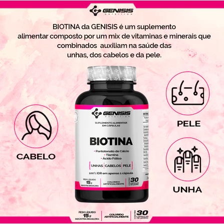 BIOTINA - VITAMINA CABELO, PELE E UNHA - ESTIMULA O CRESCIMENTO - 30 CÁPSULAS - GENISIS NUTRITION
