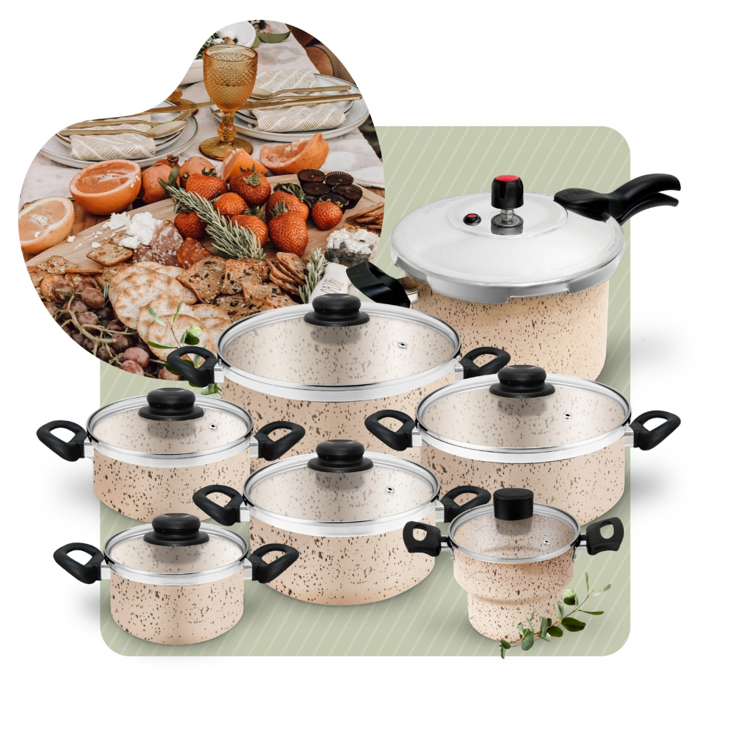 Conjunto de Panela Antiaderente Vanilla Bege com Panela de Pressão 4,5l + Panela Cuscuzeira 7pc