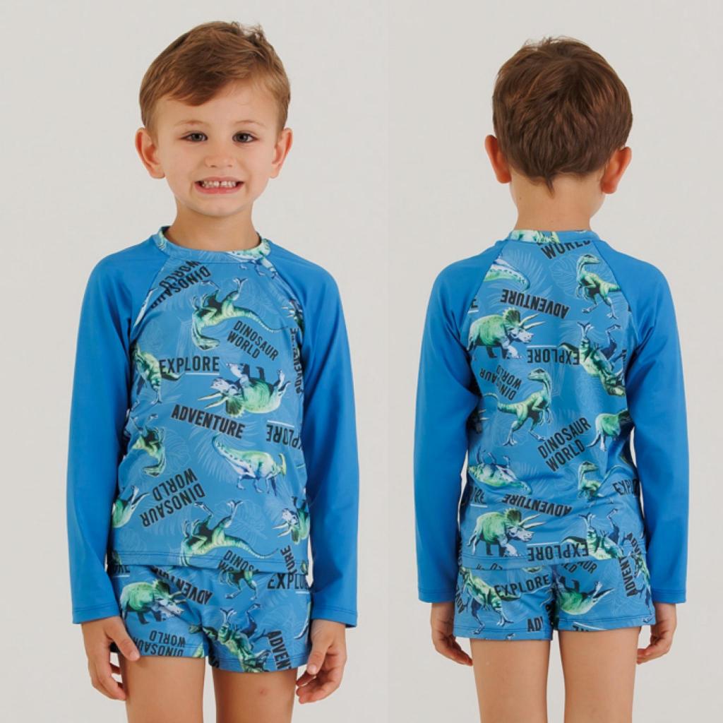 Roupa de Praia Infantil Menino Dino com Proteção Solar 50+ Camiseta e Sunga