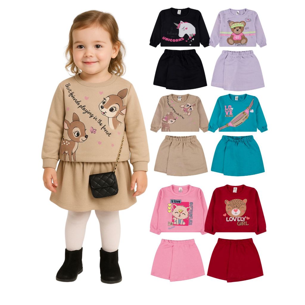 Kit Sortido 4 Peças Menina Short Saia e Cropped Moletinho 100% Algodão ou Kit Sortido 2 pe...