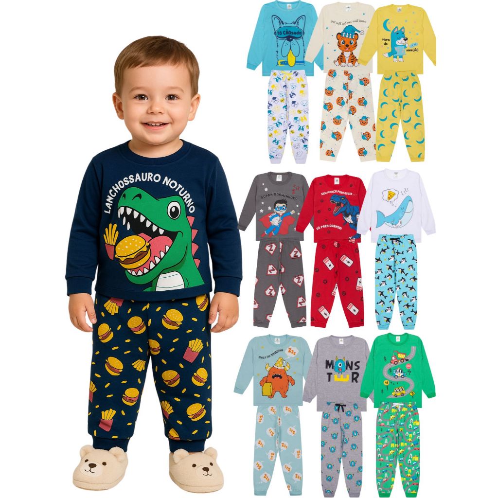 Kit Sortido 10 Peças Pijama Infantil Bebê Menino Manga Comprida ou 4 Peças Pijama manga longa Bebê Menino