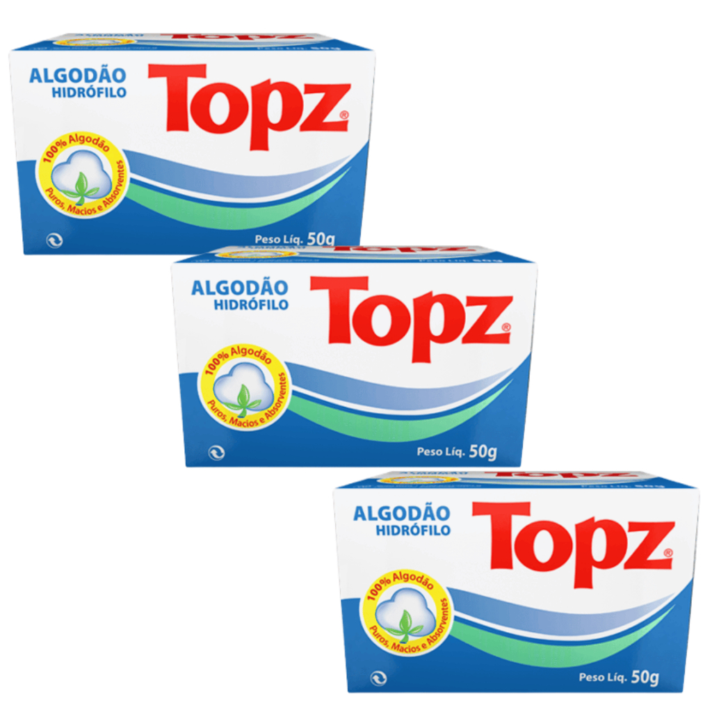 KIT 3X Algodão Hidrófilo TOPZ 50G Caixa Caixinha 100% Algodão Rolo Manta Unha Pele SkinCare