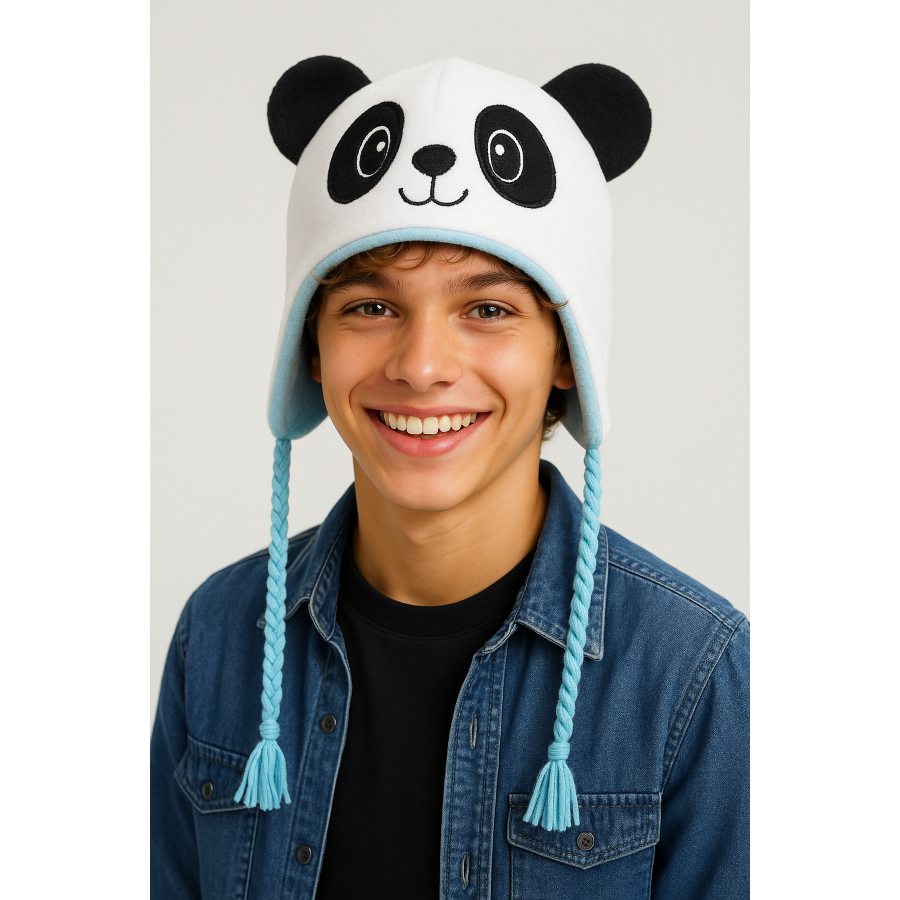 Gorro Touca de Frio para Bebê toque fofo meia Panda Azul menino Fantasia Escolar Carnaval Halloween