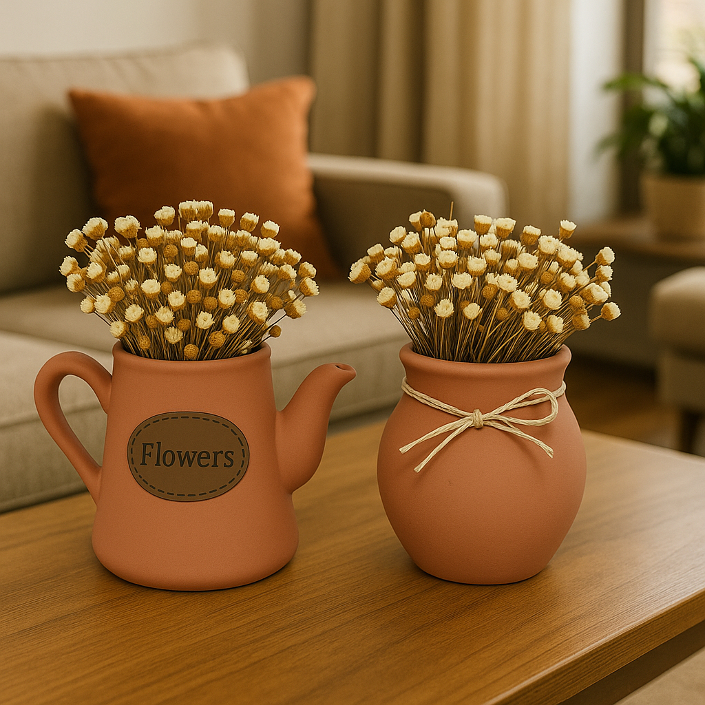 VASO E BULE DECORATIVO COM FLORES SECAS DECORAÇÃO DE CASA SALA E ESCRITORIO