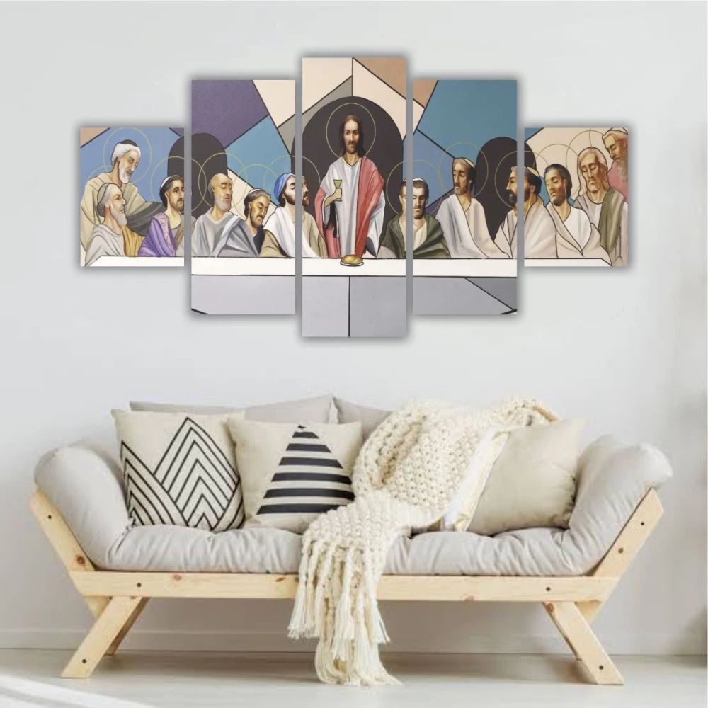 Quadro Decorativo Santa Ceia Geométrico Jesus Cristo Apostolos Fé Religioso Bíblia Sagrado Mosaico