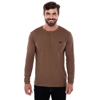 Camiseta Manga Longa Masculina Lisa Bordada Marrom Casual em Oferta na Shopee