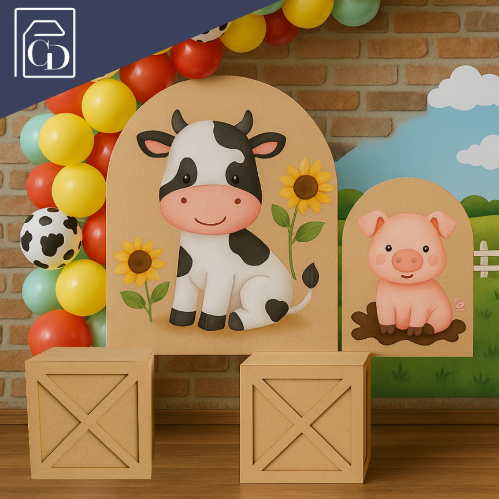 Cubo Decorativo em X cenográfico MDF 20x20cm – 2 unid. - Tema Fazendinha | Festa Infantil e Mesas Temáticas